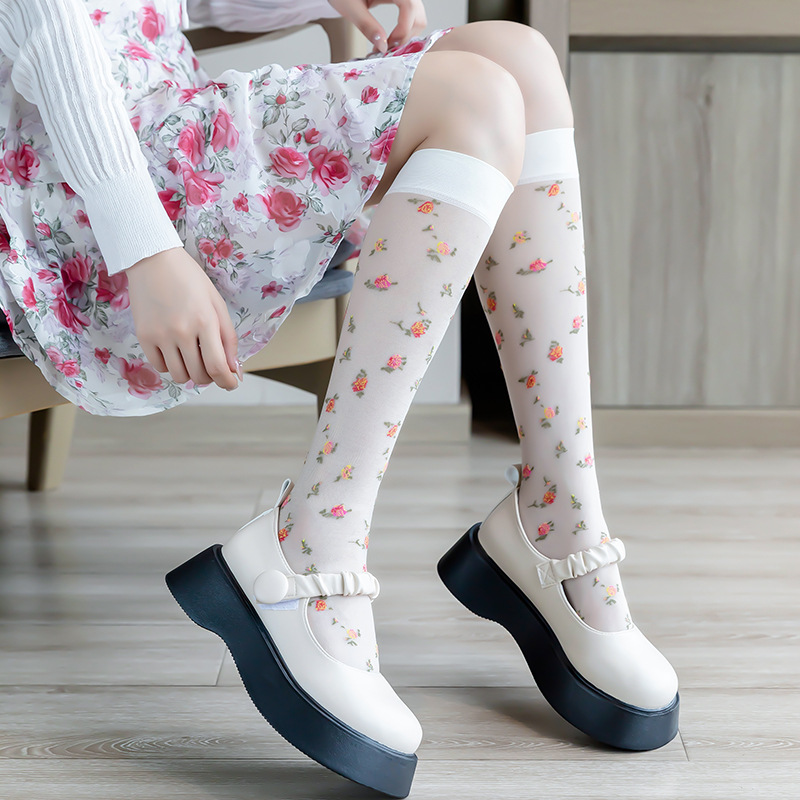 薄款碎花小腿袜森女系清新洛丽塔