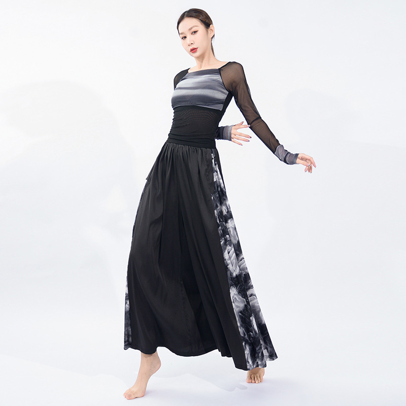 舞蹈上衣长袖练功服现代舞练习肚皮舞网纱上衣古典舞服阔腿裤套装