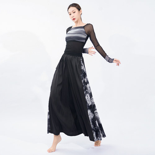 舞蹈上衣长袖练功服现代舞练习肚皮舞网纱上衣古典舞服阔腿裤套装