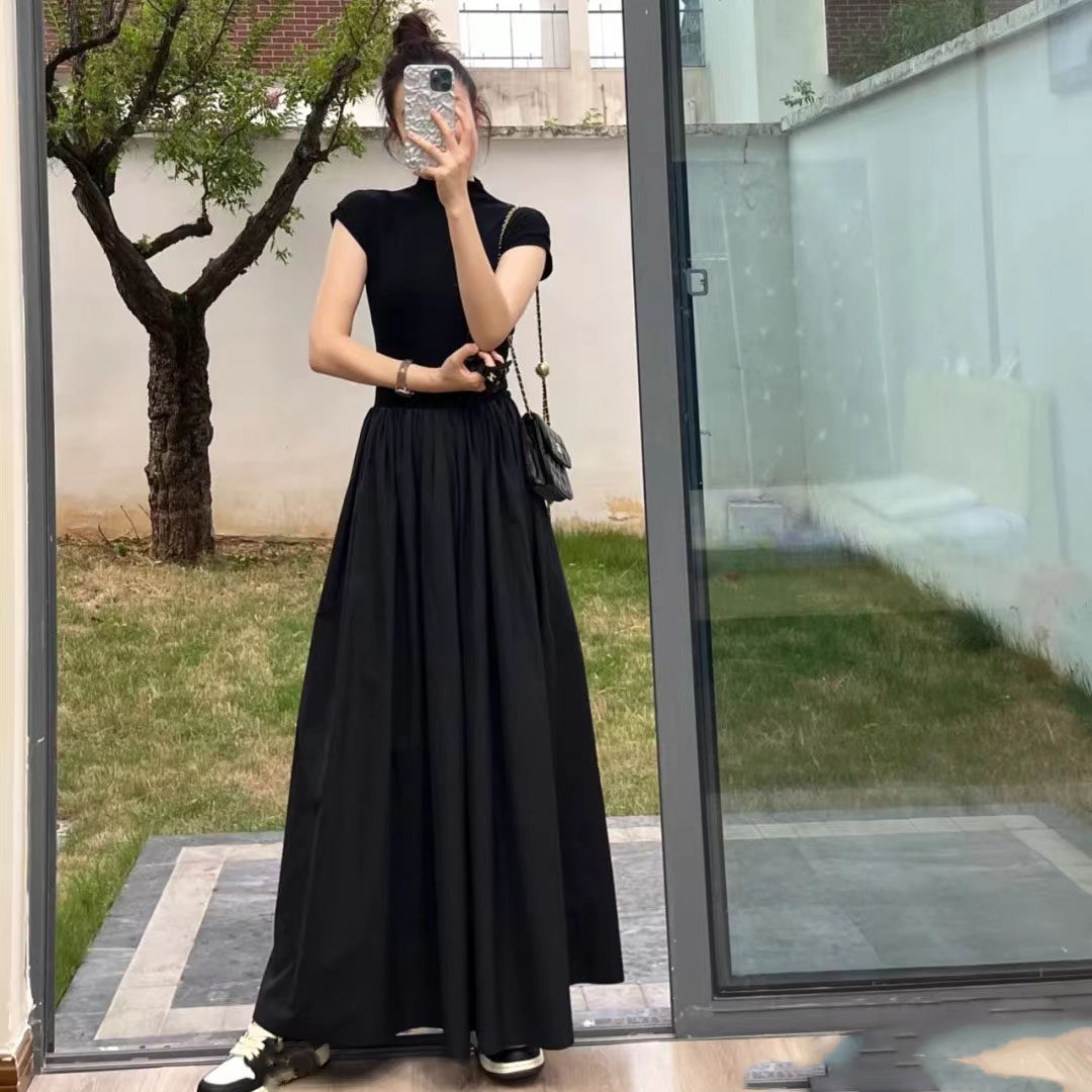 法式复古裙新款2022早秋连衣裙女拼接设计感收腰紧身休闲长款裙子_虎窝淘