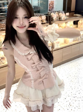 娃娃领背心上衣甜美套装女