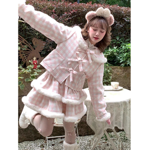 学院风甜美可爱毛呢套装女秋冬季高级感粉色格子外套半身裙两件套