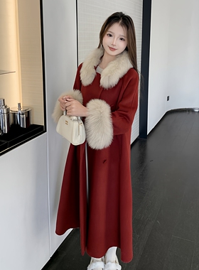 现货新款首发2177-P450-K669狐狸毛毛领 袖毛双面羊绒大衣圣诞红