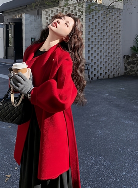现货首发双旦主推款圣诞红双面羊毛呢大衣p285-k428