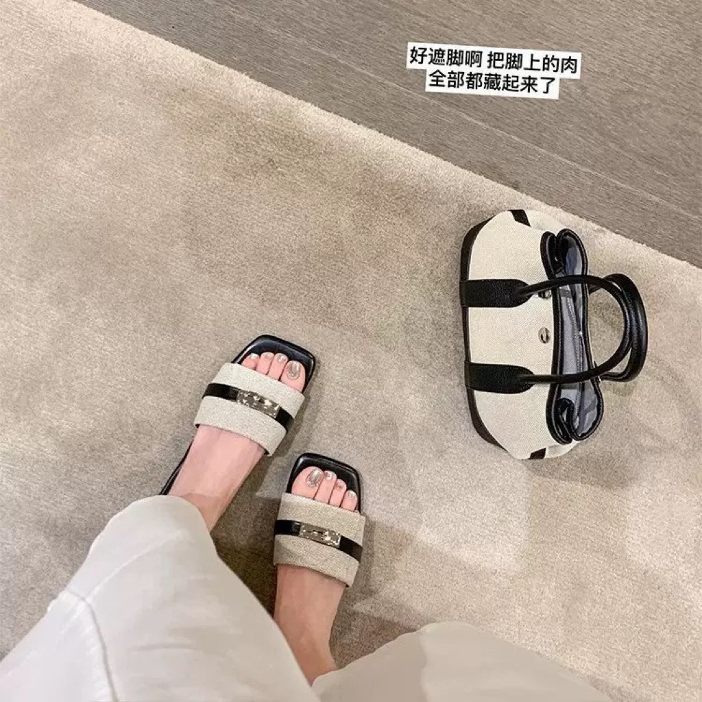 胖东来优选羊皮~苏茵茵同款方头锁扣拖鞋女款夏一字平底度假沙滩