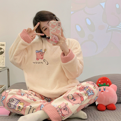 冬季卡通可爱法兰绒睡衣女可外穿珊瑚绒2025年新款圆领套装家居服