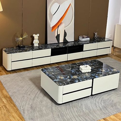 意式轻奢超长大理石电视柜茶几组合家用客厅落地柜马鞍皮电视机柜