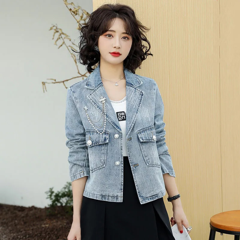 通勤短款西装西装领牛仔外