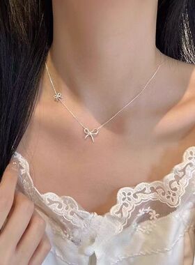 S925银不对称双蝴蝶结锁骨链女小众设计感轻奢百搭气质通勤项链