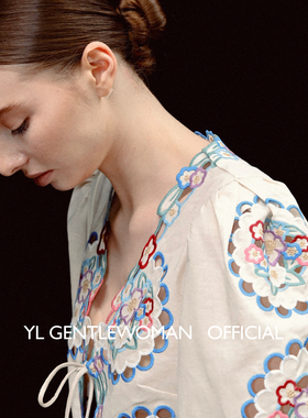 Serein Kare | 法式波嬉风彩色刺绣系带V领棉麻系带衬衣