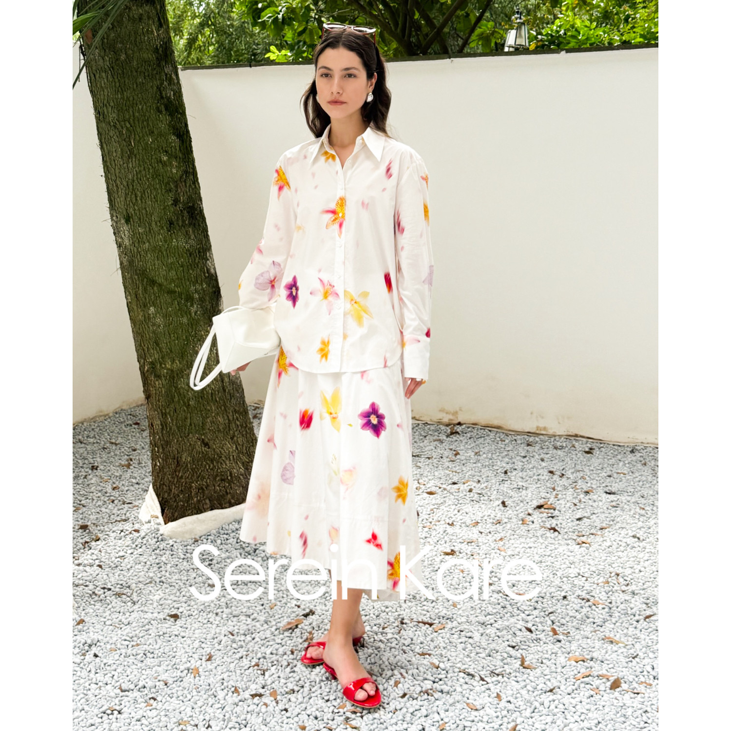 Serein Kare｜全棉印花松弛感白衬衣氛围感百合花中腰a字半身裙