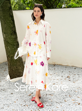 Serein Kare｜全棉印花松弛感白衬衣氛围感百合花中腰a字半身裙