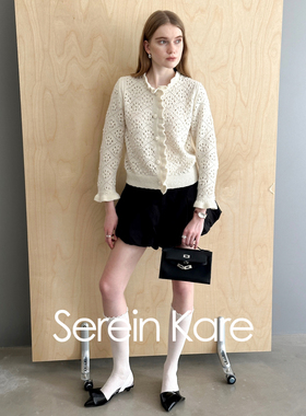 Serein Kare 秋冬法式镂空钩花羊驼毛羊毛混纺毛衣木耳边针织开衫