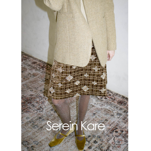Serein Kare|秋冬丝绒串珠绣花松紧带高腰a字半身裙内搭中长半裙