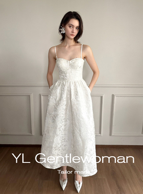 YL Gentlewoman白色提花抹胸连衣裙气质订婚小礼服裙领证长裙