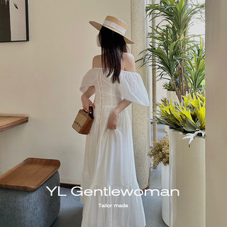 YL Gentlewoman法式复古泡泡袖白色连衣裙仙气显瘦海边度假沙滩裙