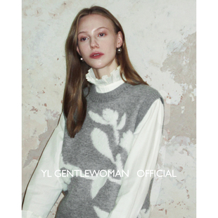 YL Gentlewoman法式针织毛巾绣羊毛圆领背心灰色内搭马甲秋冬毛衣