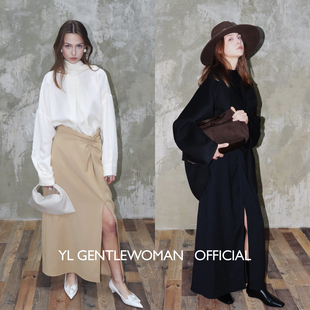 YL Gentlewoman小众设计感不规则褶皱设计开衩半裙遮胯显瘦半身裙