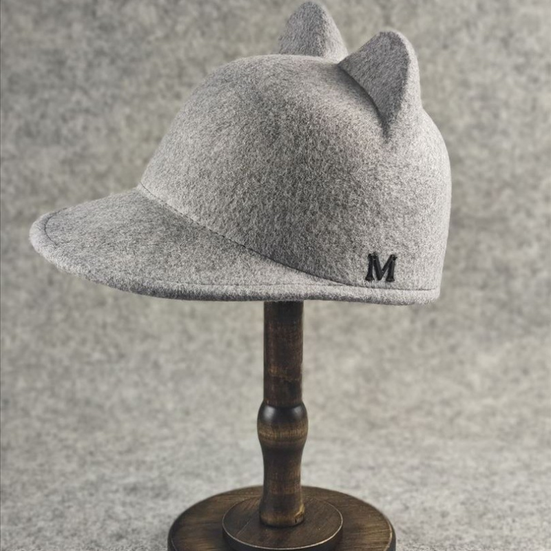 2024秋冬新款可爱耳朵毡帽时尚潮流羊毛棒球帽鸭舌帽休闲女帽纯色