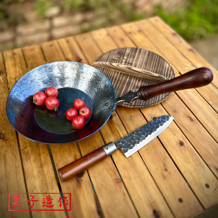 黑子造作升斗型户外全能手工铁锅无涂层不粘锅野炊牛排平底熟铁锅