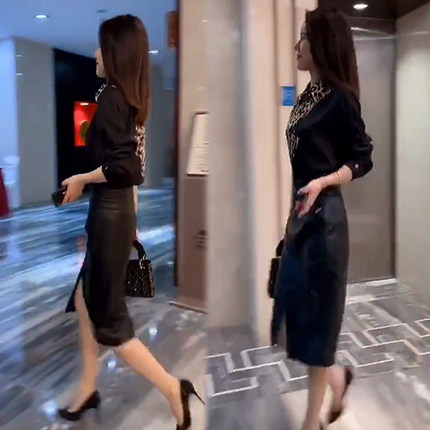 网红欧货秋季拼色衬衫高腰修身包臀皮裙显瘦女装新款时尚两件套潮