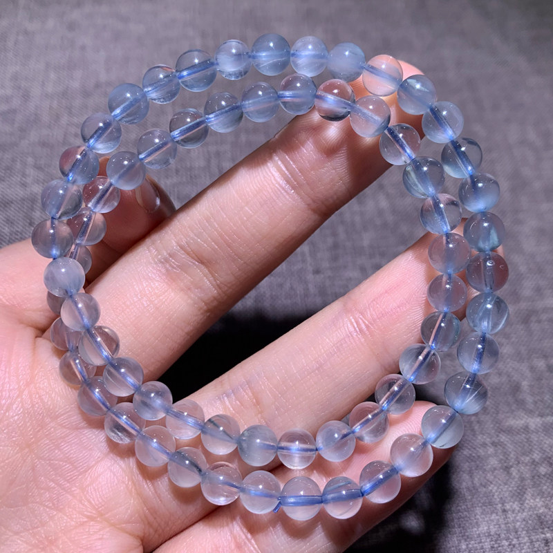 天然莹润灰蓝兔毛双圈水晶手链女图片