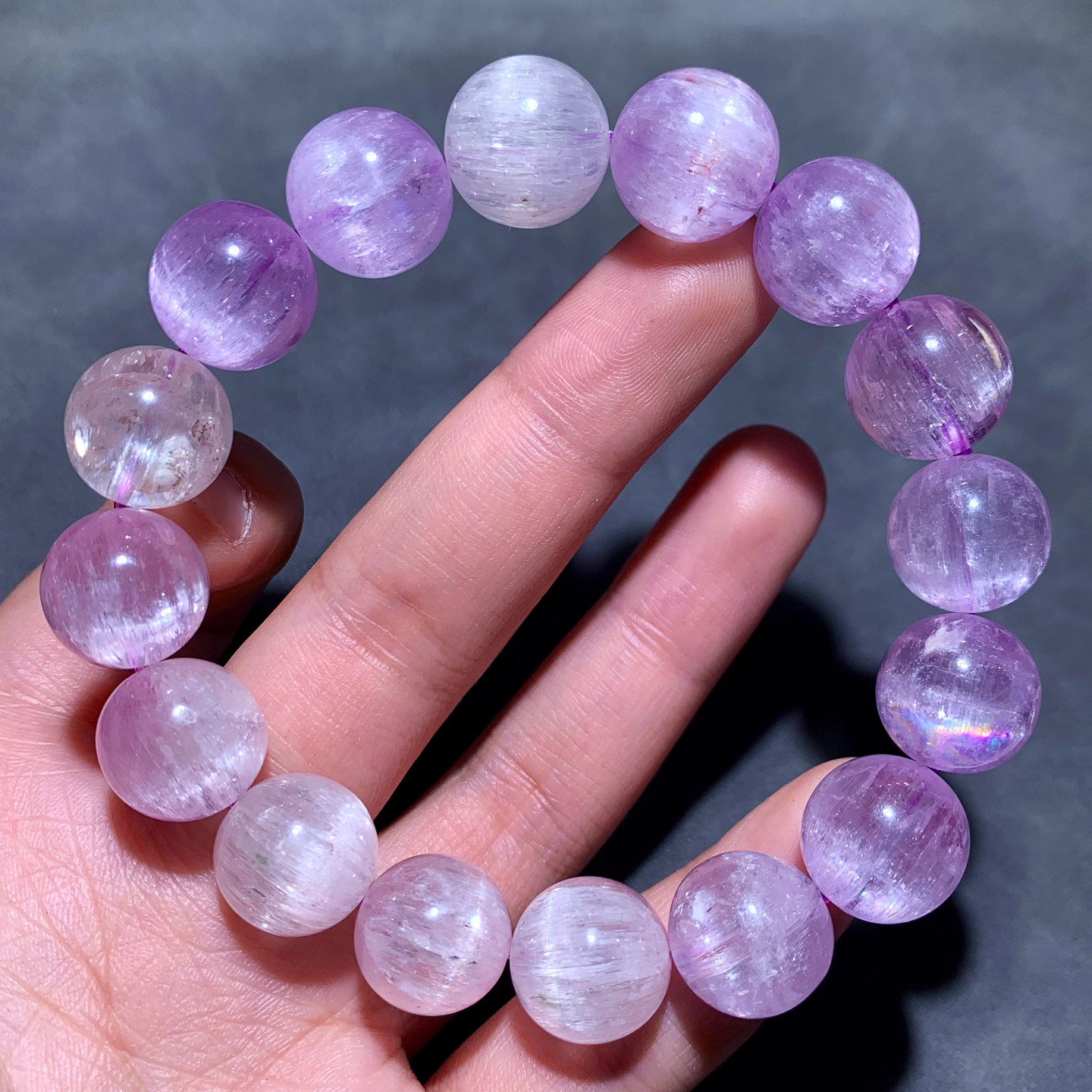 天然冰透锂辉石手链薰衣草拉丝水晶猫眼佛珠手串甜美配饰礼物情侣