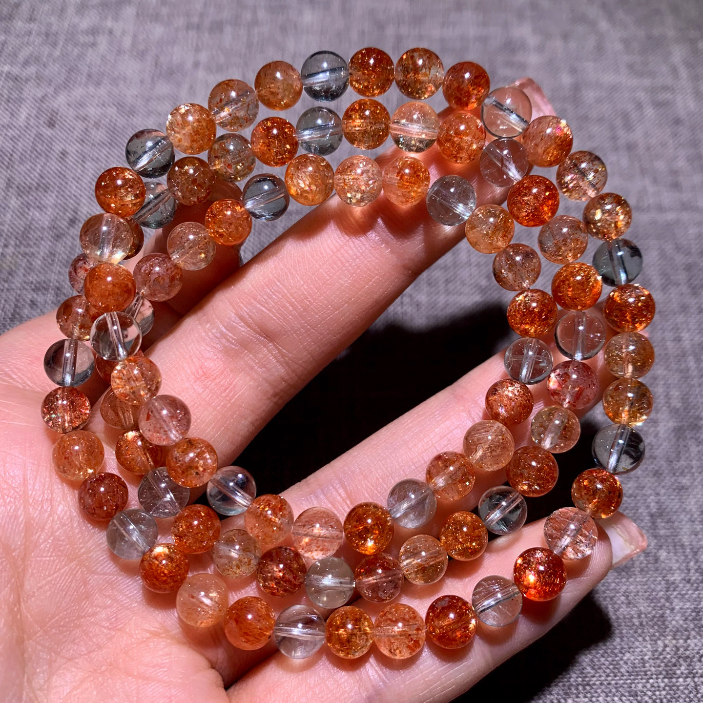 天然冰透阿鲁沙长石三圈手链爆闪绿柱石金太阳石日光石手串水晶女