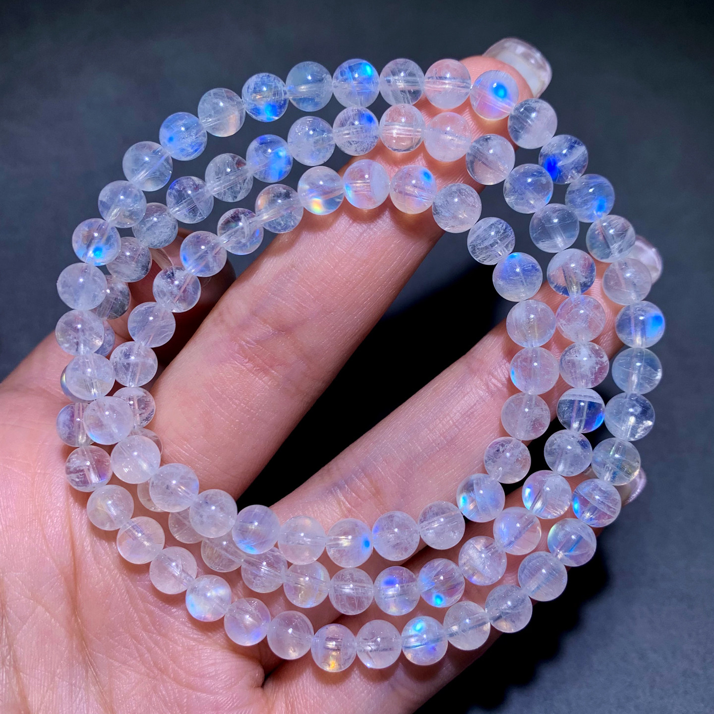 天然玻璃体蓝月光三圈手链印度月光石水晶手串礼物男女饰品情侣款