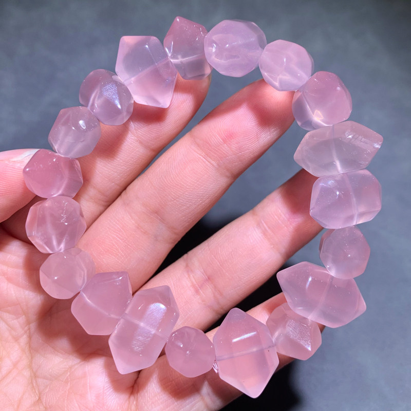 天然果冻粉粉水晶双尖随形手链一物一图粉水晶手串粉芙蓉晶礼物女