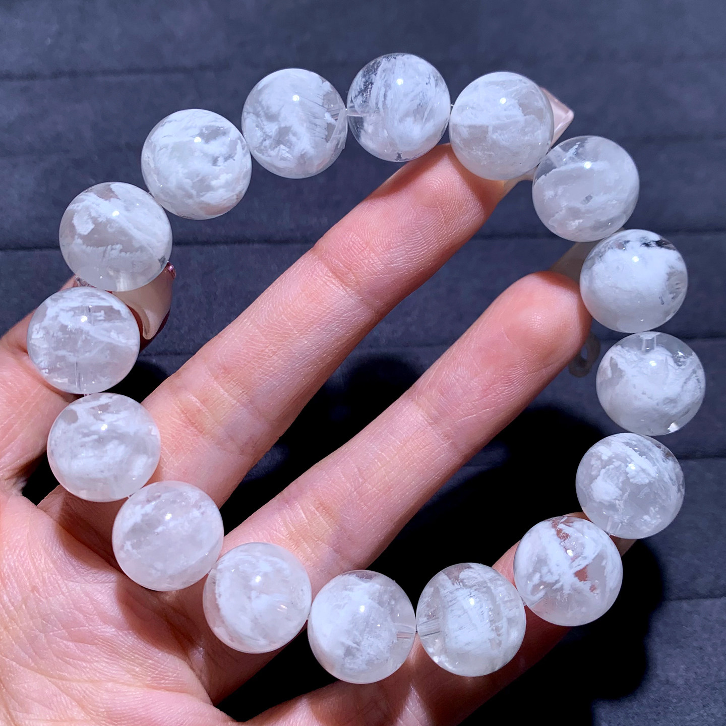 天然白雪花幽灵单圈手链聚宝盆白婚纱冰透金字塔幽灵水晶礼物情侣