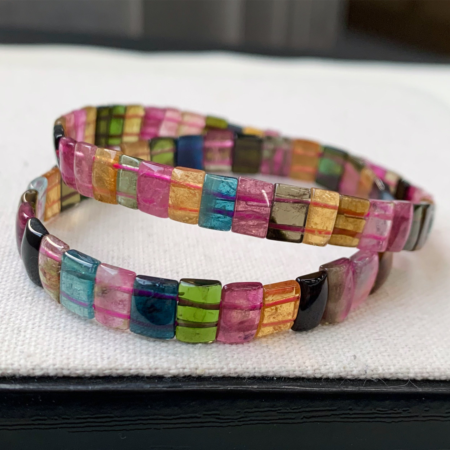 天然糖果色碧玺手排渐变彩虹老矿方形宝石手牌多彩饰品礼物情侣款