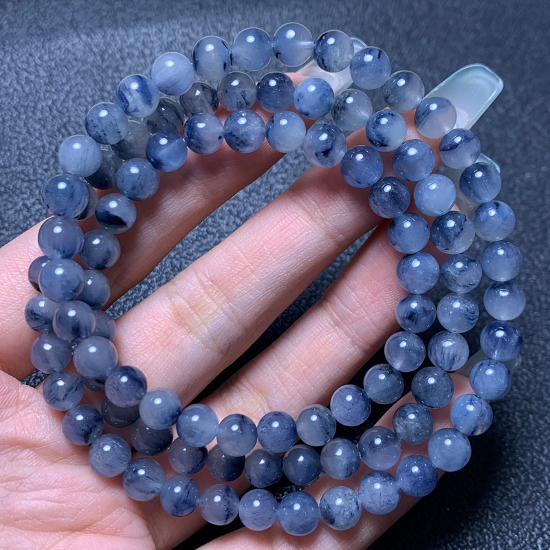 天然蓝兔毛发晶三圈佛珠手链发晶