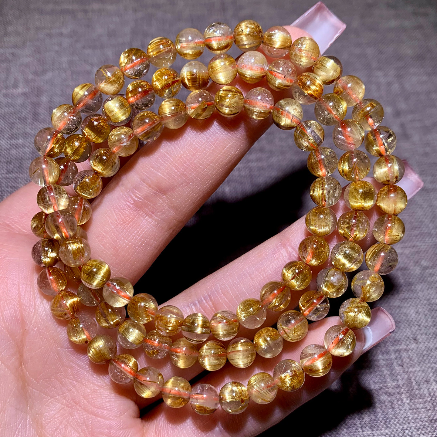 巴西天然顺发金发晶手链三圈板钛金钛水晶手串百搭饰品送礼物情侣