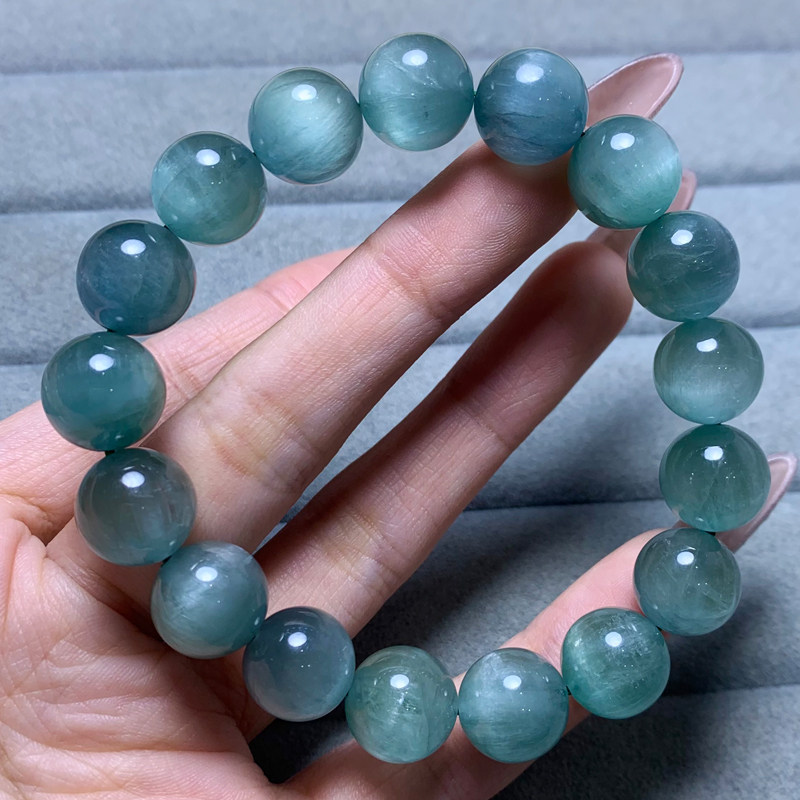 天然猫眼绿锂辉石手链单圈冰种清新蓝绿色水晶手串情侣饰品礼物女