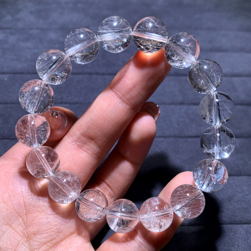 天然钢丝白兔毛冰透水晶单圈手链
