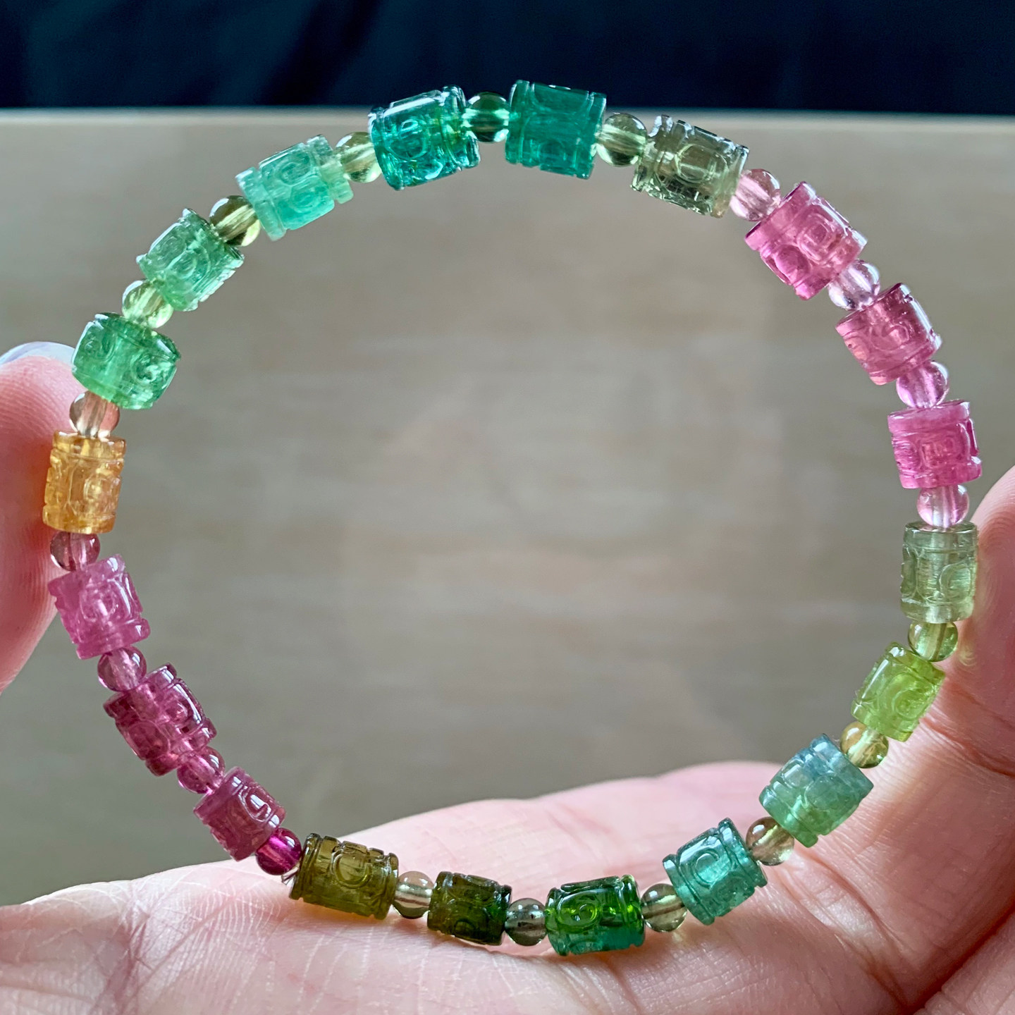 天然碧玺回纹珠单圈手链巴西彩虹糖果色老矿碧玺桶珠送礼情侣饰品