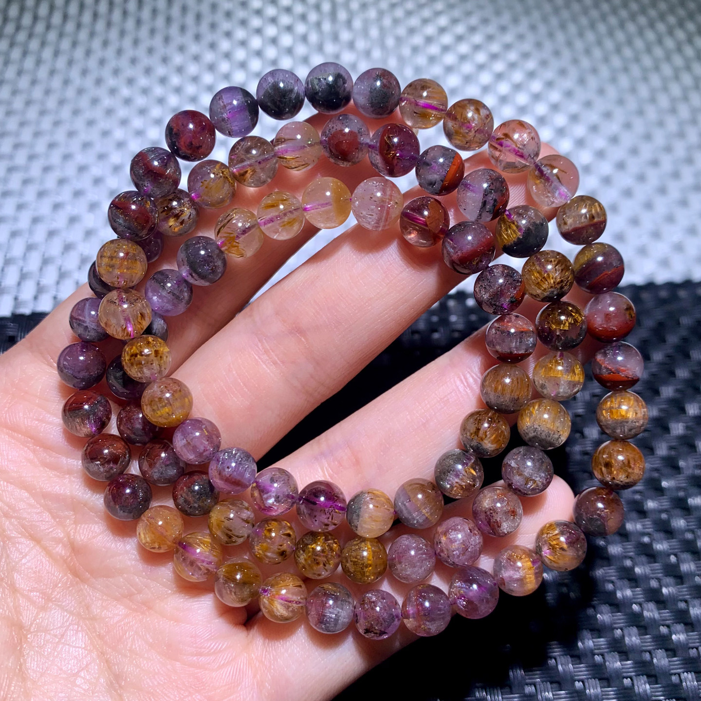 天然极光水晶三圈水晶手链Auralite23佛珠幽灵金钛极光手串珠宝女