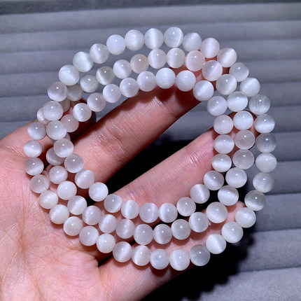 天然猫眼白兔毛三圈手串拉丝小精品佛珠白水晶发晶手串物饰品礼物