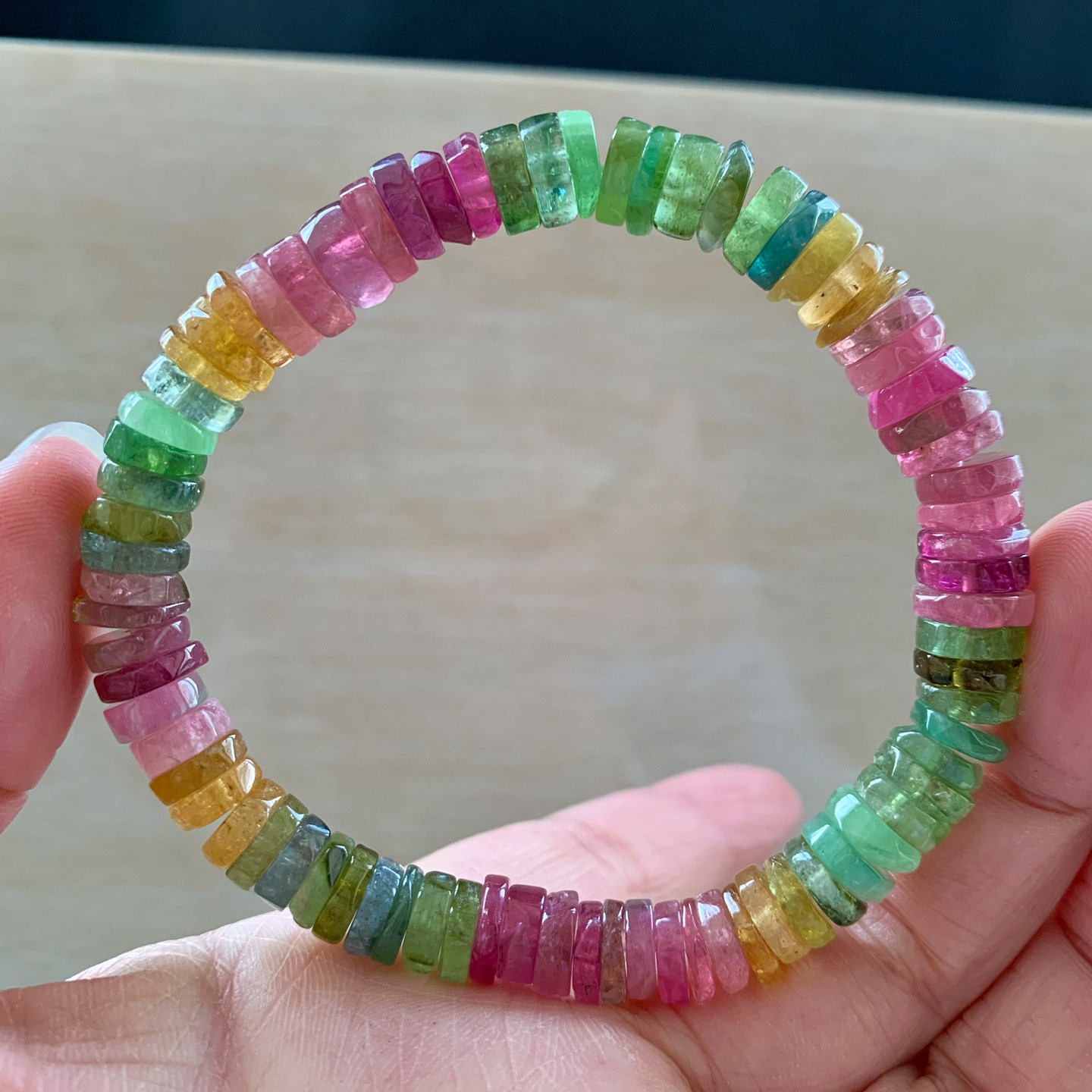 天然彩虹碧玺盘珠水晶手链巴西老矿糖果渐变色单圈手串时尚饰品女