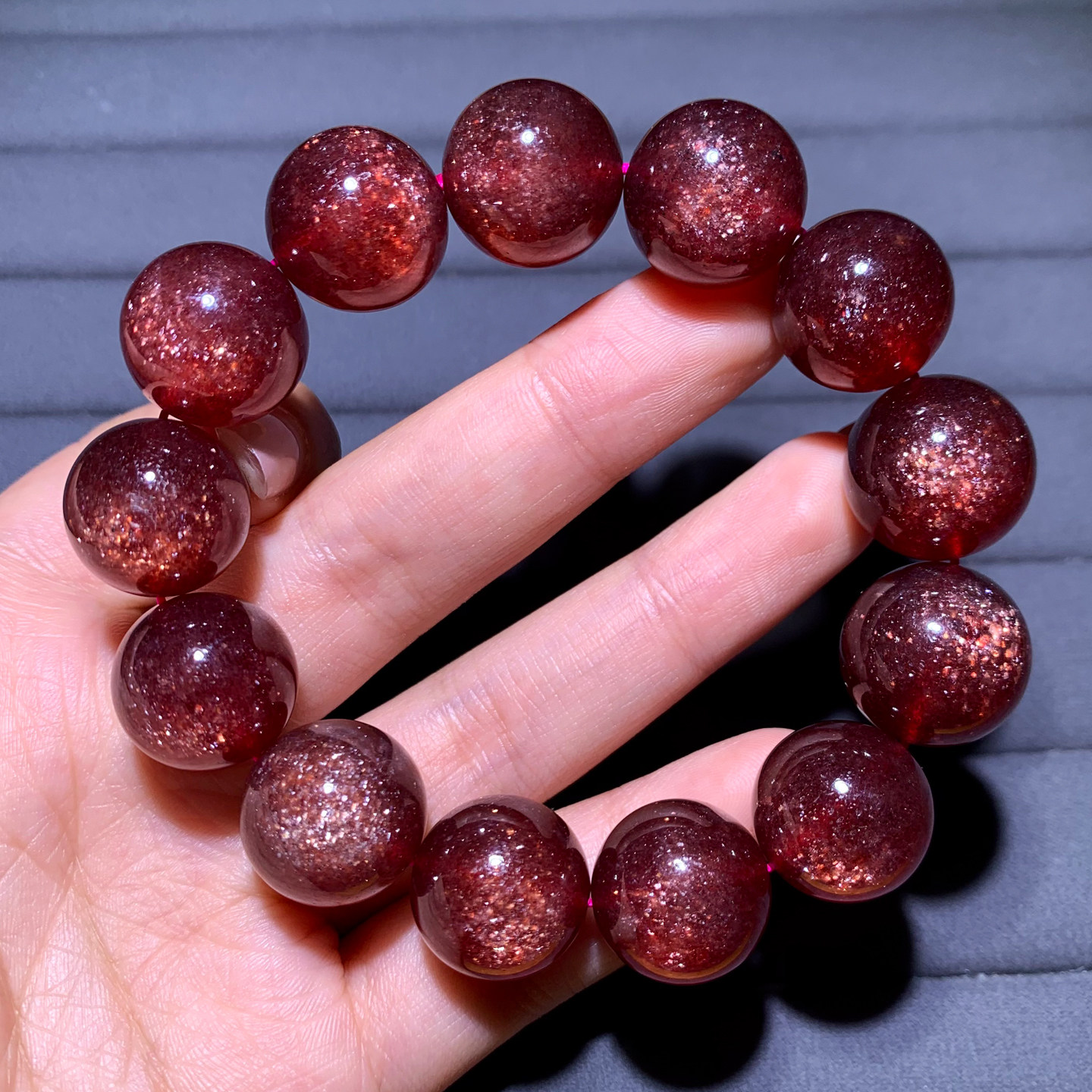 天然大颗粒车厘子色星光草莓晶水晶手链单圈老矿桃花粉晶饰品男女