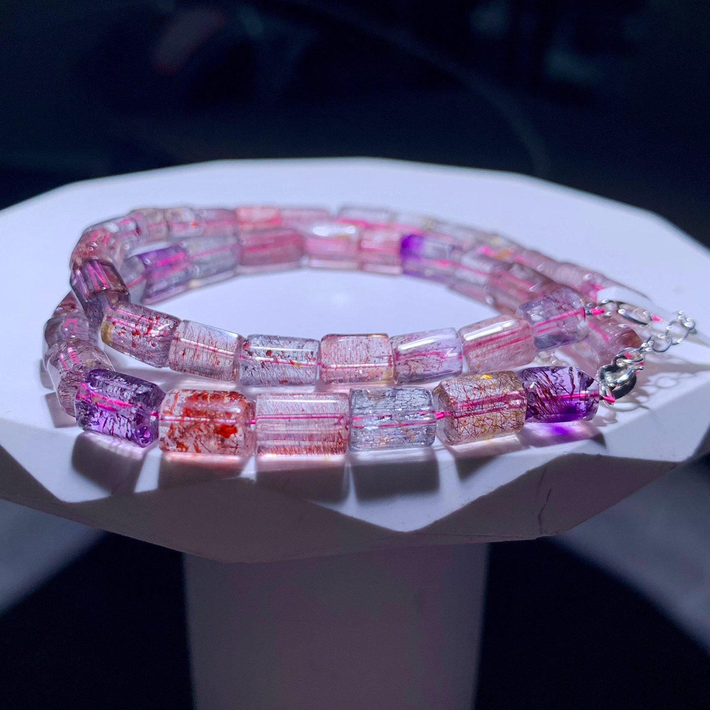 天然超七棱柱水晶手串桶珠紫发晶黑加仑云母片三轮骨干手链礼物女