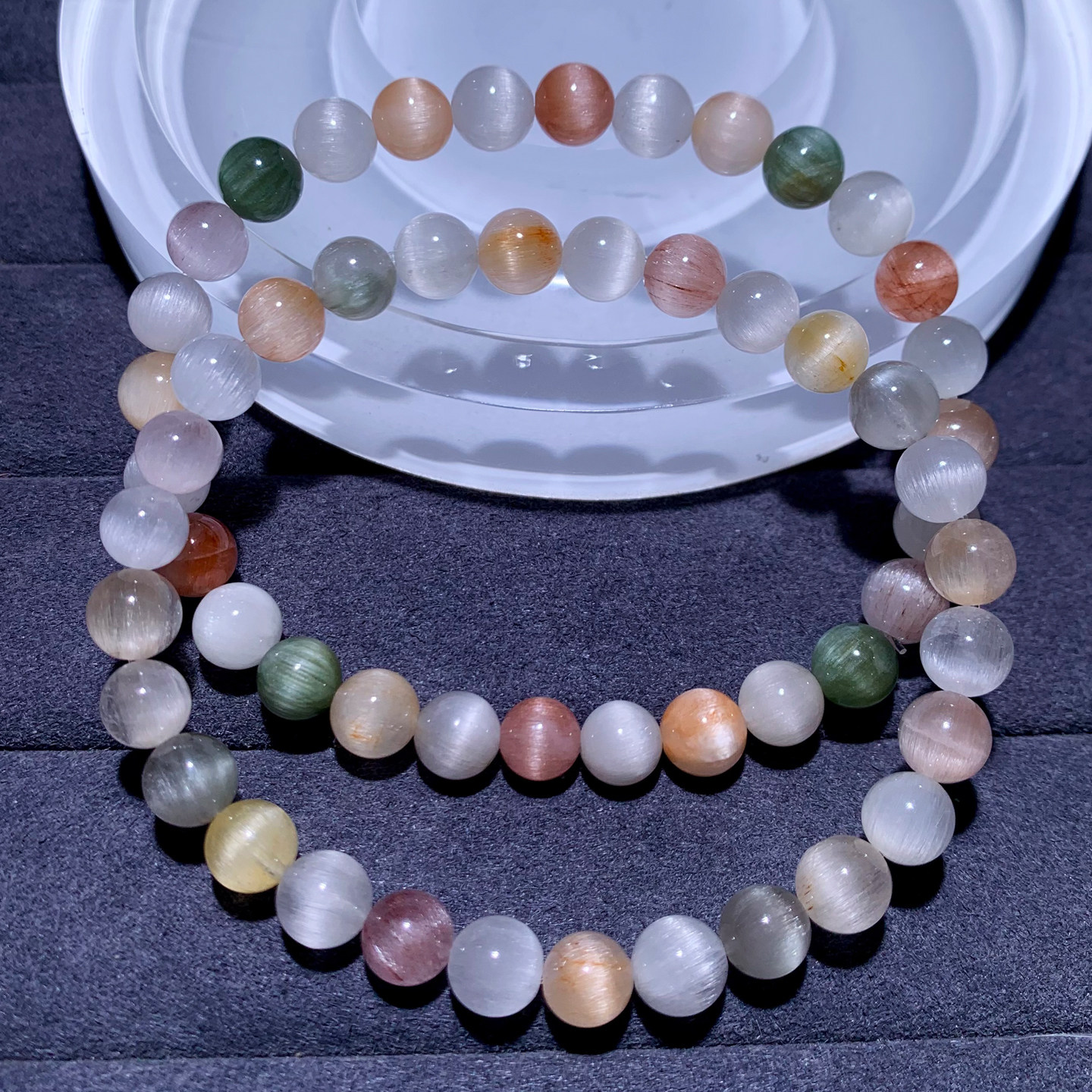 天然小颗粒猫眼顺发彩兔毛水晶单圈手串莹润发晶手链情侣礼物男女