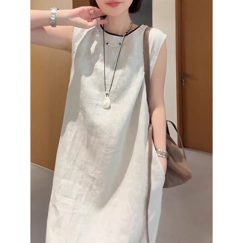 法式棉麻连衣裙女韩版2025春夏气质宽松高级无袖长裙T恤裙欧货潮