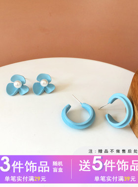 S925银针清新仙气蓝色蝴蝶耳环简约小巧C字耳钉耳夹气质珍珠耳饰