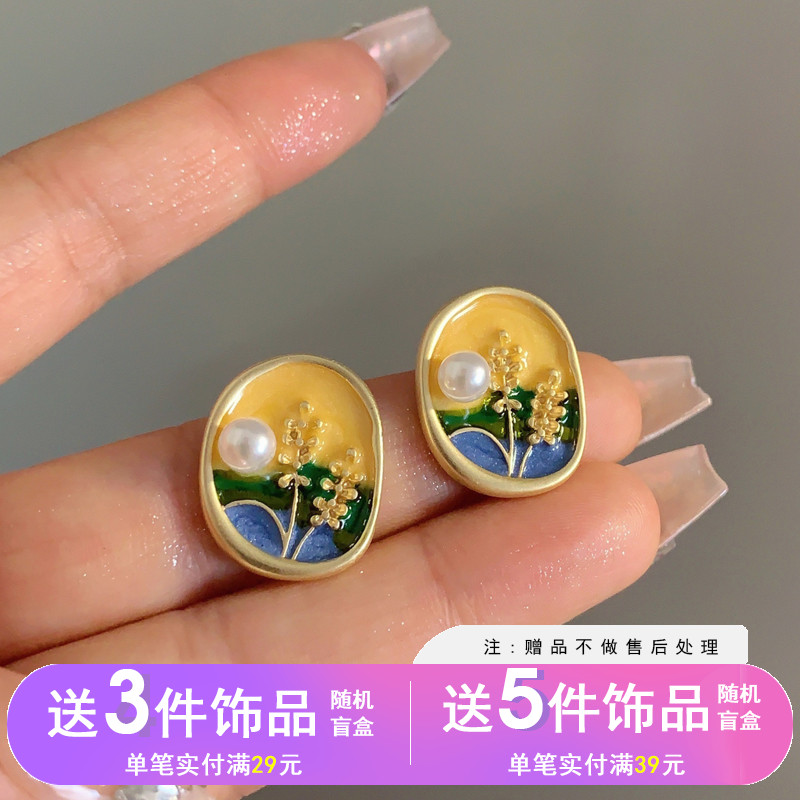 MiBaoS925銀針法式小眾油畫風(fēng)設(shè)計耳釘氣質(zhì)耳飾夏季時尚耳環(huán)7628