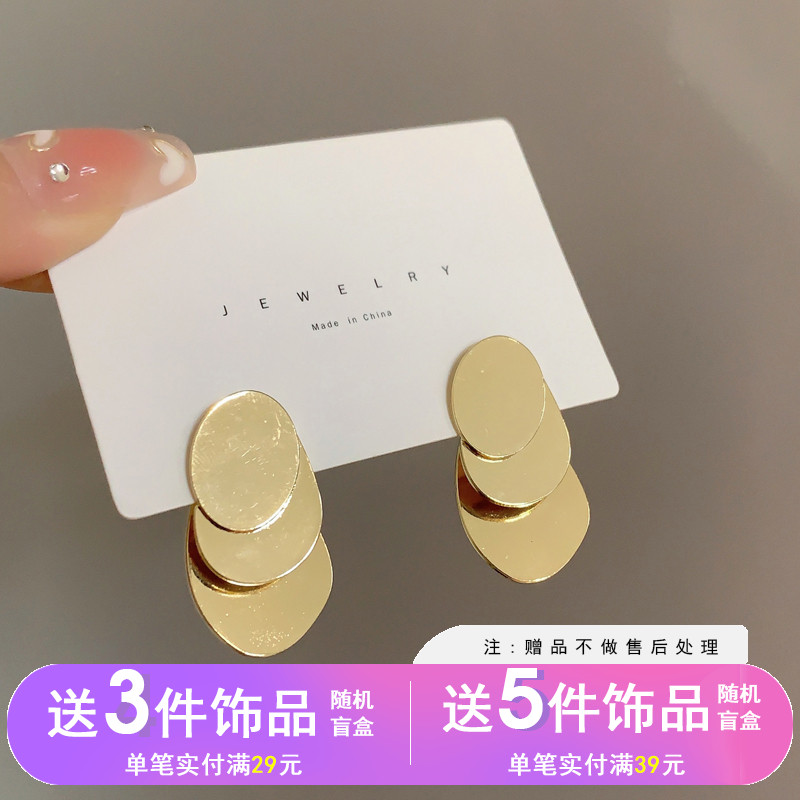 MiBaoS925銀針歐美簡(jiǎn)約金屬感圓片設(shè)計(jì)耳環(huán)新潮冷淡風(fēng)格耳飾7434