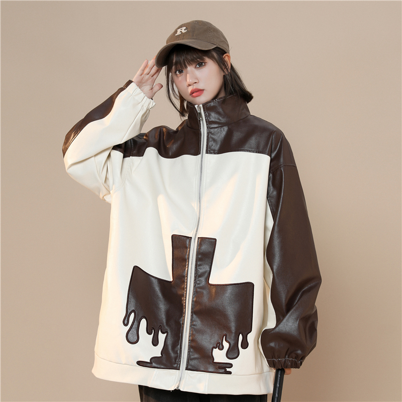 Giacche in pelle larghe da donna autunnali, top da motociclista, ricamate JK161-P95_voghion.com