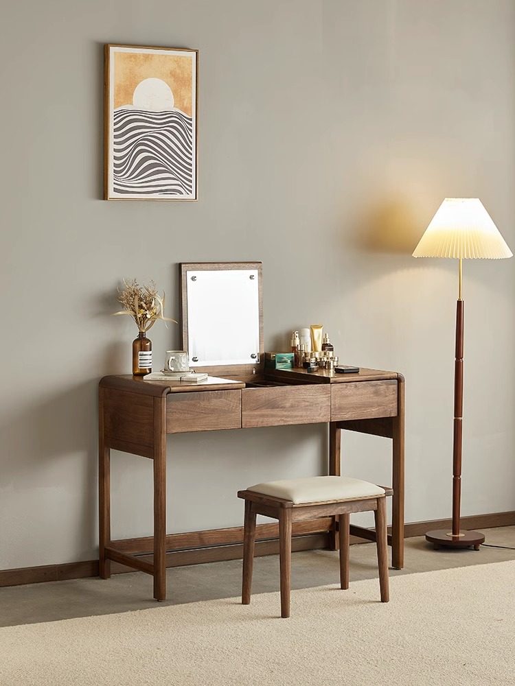 北美黑胡桃木梳妆台日式现代轻奢小户型卧室多功能实木化妆桌一体