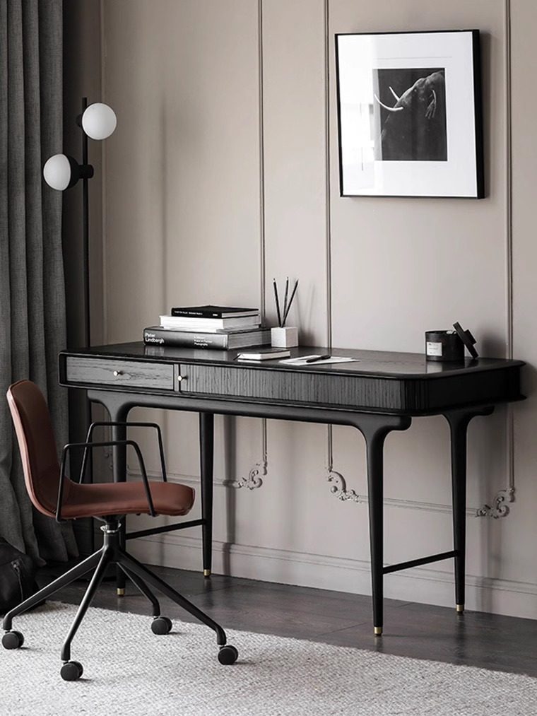 法式实木书桌法式复古黑色橡木办公桌中古家用书房设计师电脑桌子